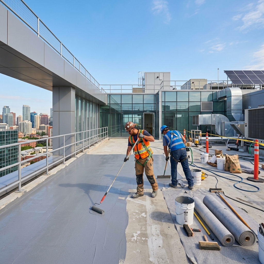 Rooftop waterproofing work by Indoguard Solutions